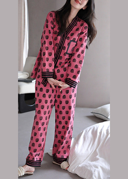 Print Neck Pajamas V Fall Set Chic Pieces Rose Cotton Two