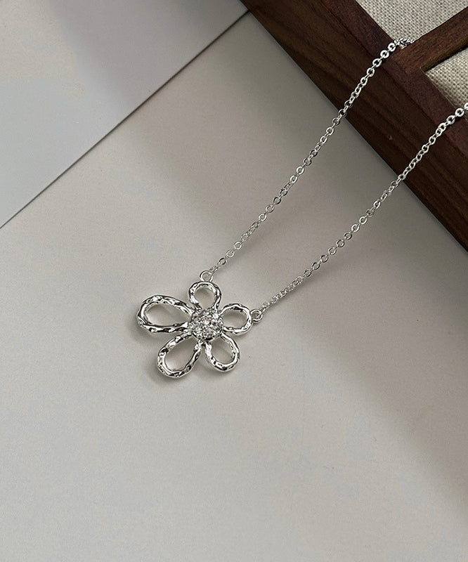 Chic Silk Sterling Silver Zircon Sunflower Hollow Out Pendant Necklace PO007