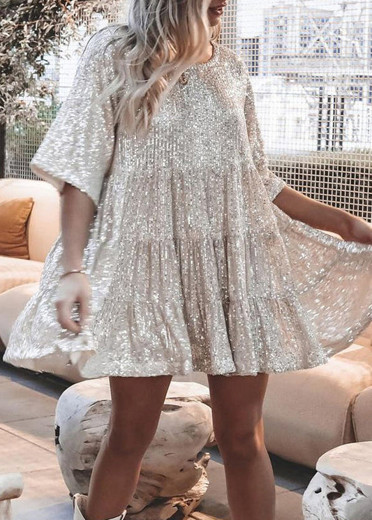 Robe mi-longue en coton à paillettes argentées et col rond chic pour l'été AA1043