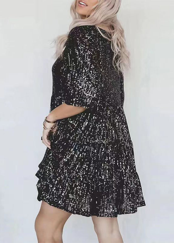 Chic Silver O Neck Sequins Cotton Mid Dress Summer AA1043