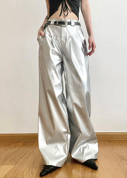 Chic Silver Pockets High Waist Wide Leg Pants Summer PP024