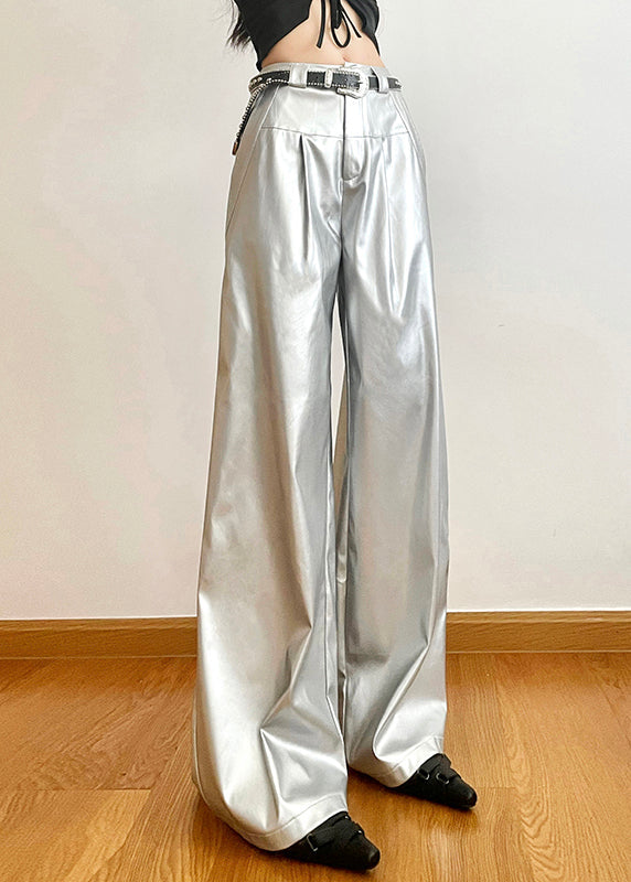 Chic Silver Pockets High Waist Wide Leg Pants Summer PP024