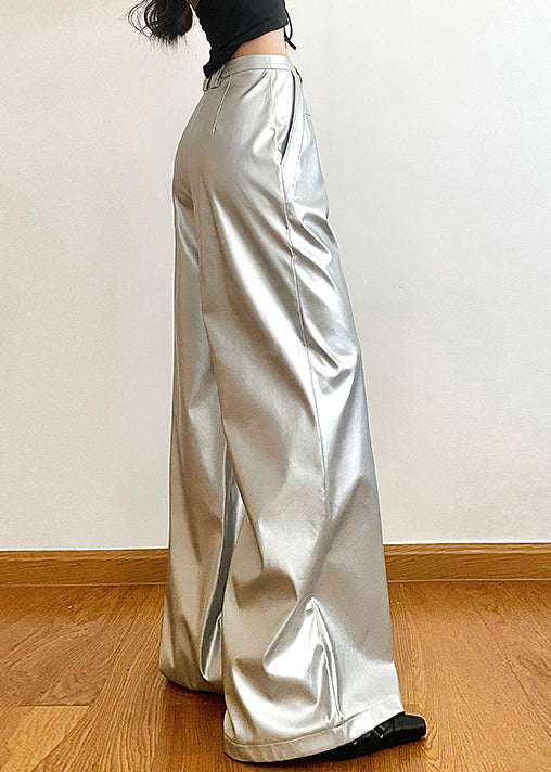 Chic Silver Pockets High Waist Wide Leg Pants Summer PP024