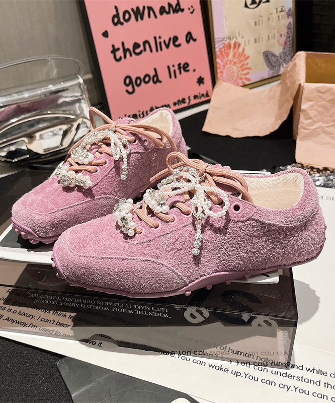 Wohnungen Wildleder Lila Zirkon Chic Lace Up Perle Spleißen