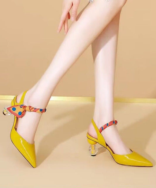 Pointed Yellow Leather High Sandals Toe Splicing Chic Heel Faux