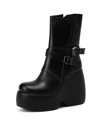 Chic Splicing Wedge Boots Black Cowhide Leather TP014