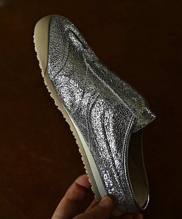 Cowhide Splicing Wedge Chic Sandals Silver Slide Leather