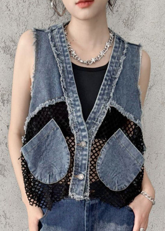 Gilet en jean à col en V et poches patchwork chic en maille respirante