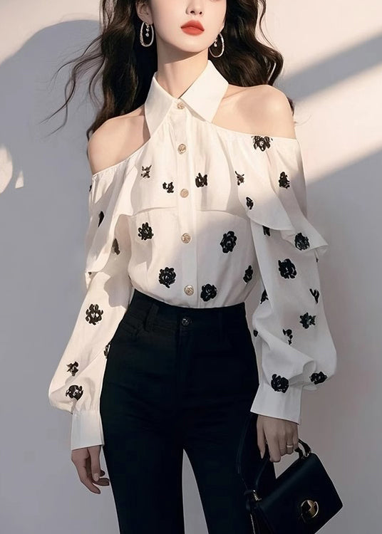 Chemise blanche en mousseline de soie à imprimé épaules dénudées et chic pour l'automne