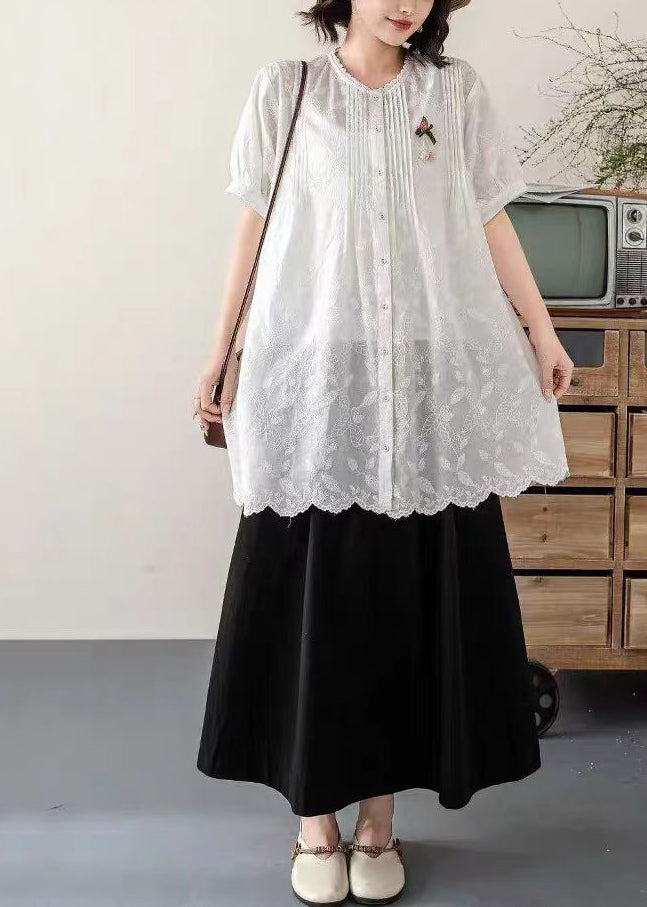 Embroidered Chic Long Blouses Summer White Cotton