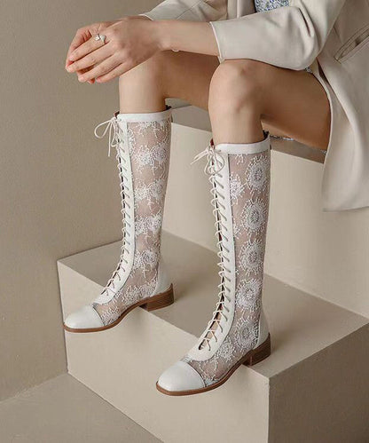 Chic White Hollow Out Lace Up Chunky Boots JJ073