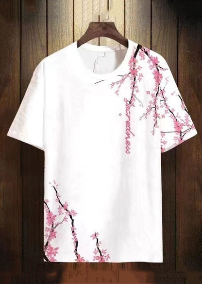 Chic White O Neck Print Loose Cotton Mens T shirt Summer LK071