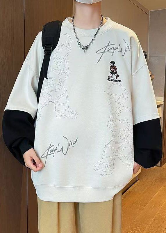 Drucken Herren Chic Frühling Baumwolle Hals Sweatshirts Patchwork Weiß O