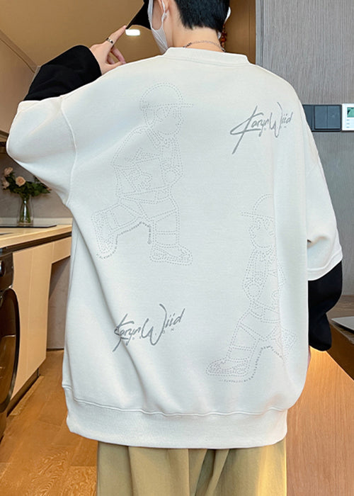 Drucken Herren Chic Frühling Baumwolle Hals Sweatshirts Patchwork Weiß O