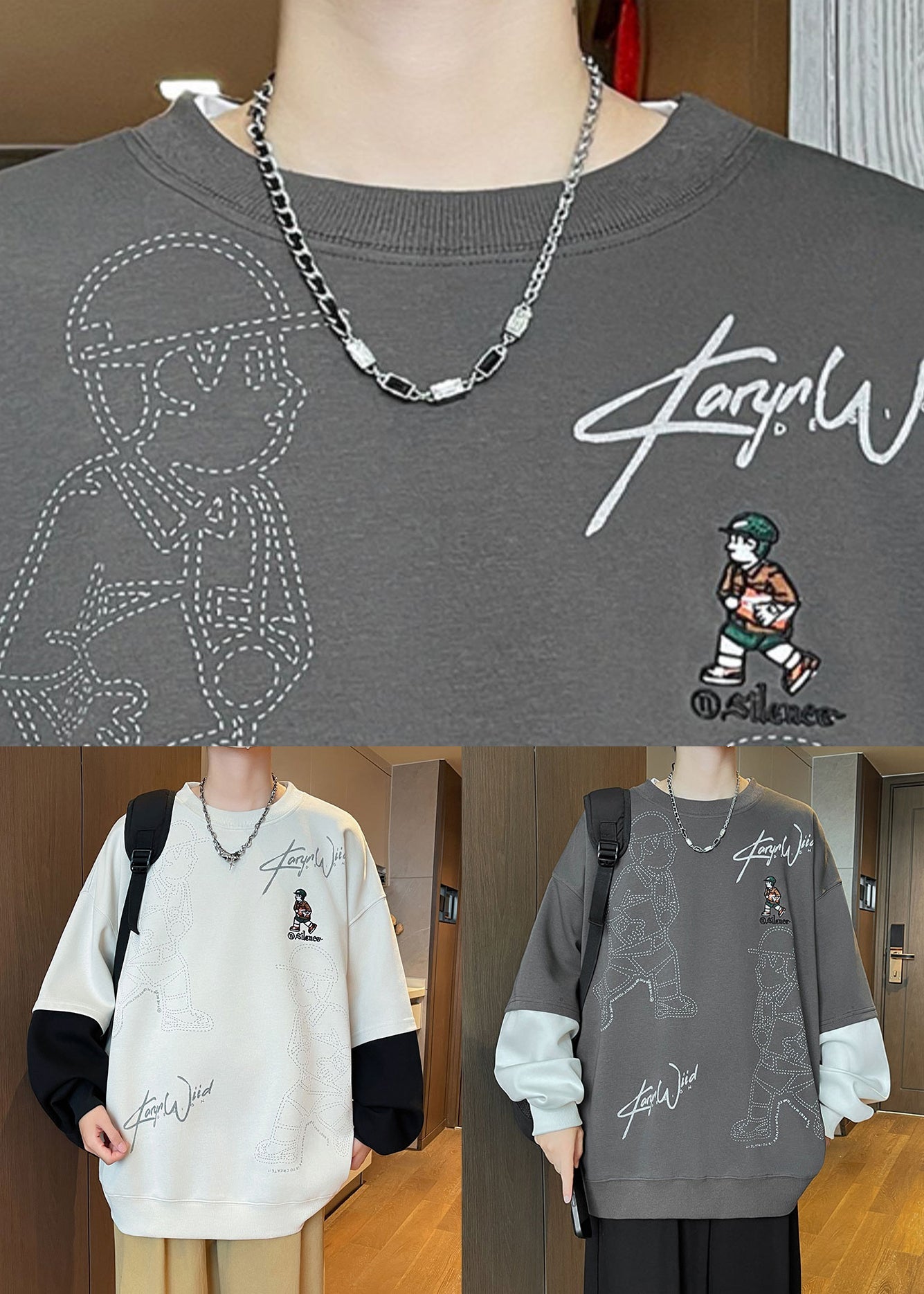 Drucken Herren Chic Frühling Baumwolle Hals Sweatshirts Patchwork Weiß O