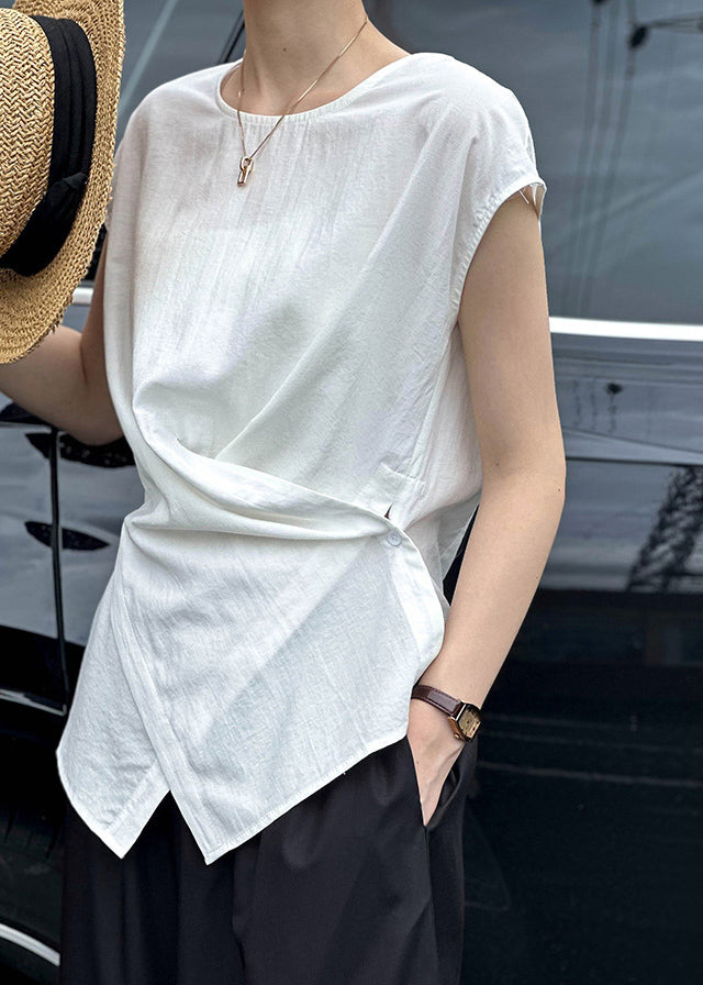 Chic White Patchwork Button T Shirt Short Sleeve QE058