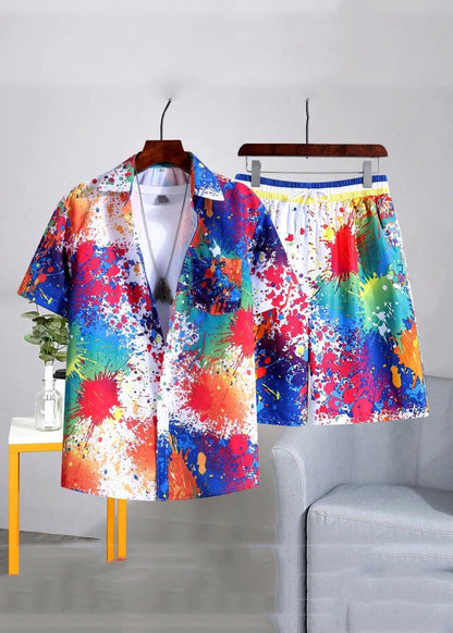 Chic White Print Elastic Waist Cotton Mens Two Piece Set Summer HG060