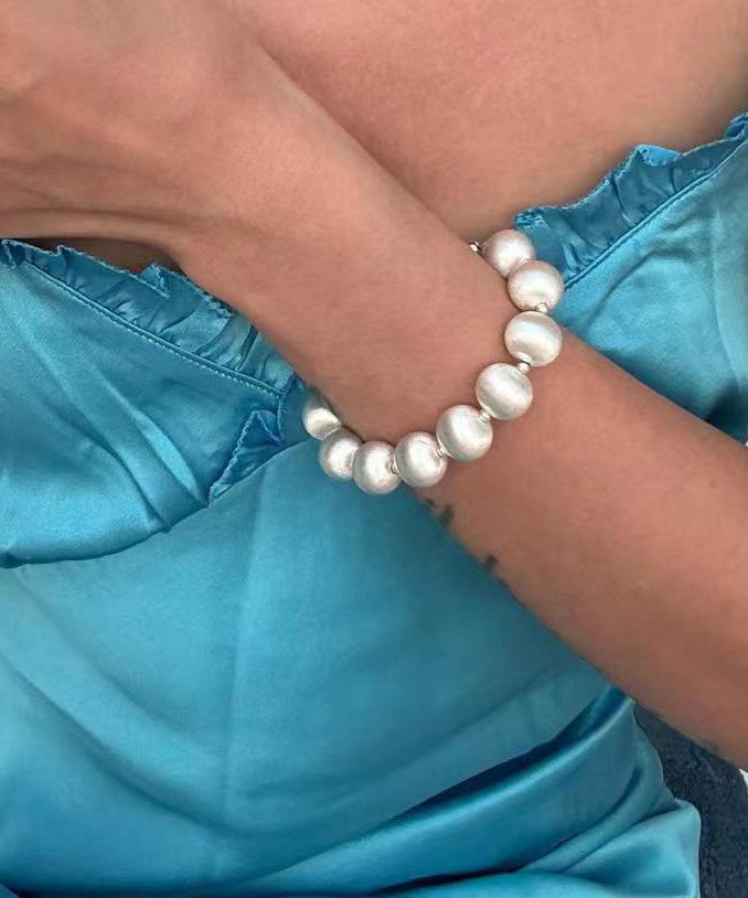 Chic White Stainless Steel Silk Brushed Pearl Chain Bracelet WO007