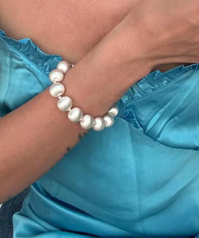 Chic White Stainless Steel Silk Brushed Pearl Chain Bracelet WO007