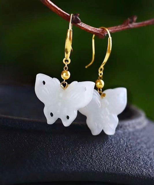 Boucles d'oreilles pendantes en argent sterling blanc avec pendentif papillon en jade surdoré QU032