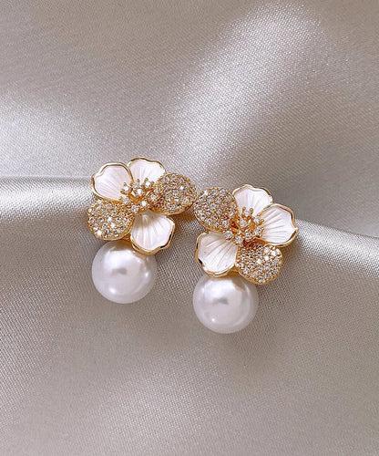 Chic White Sterling Silver Overgild Zircon Pearl Floral Stud Earrings AH704