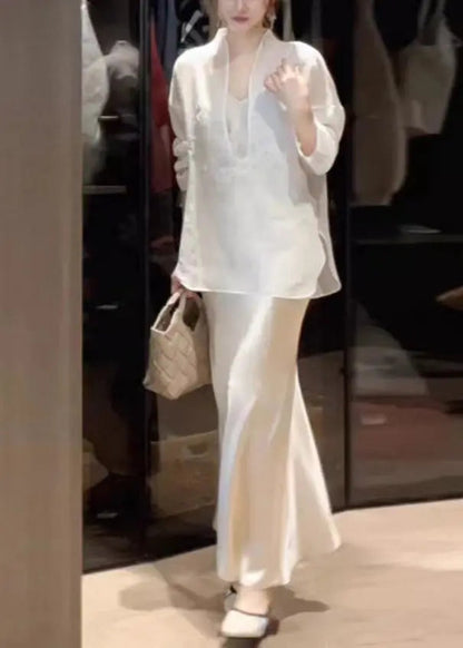 Chic White Top And Skirts Silk Two Piece Suit Set Spring HA1002 Ada Fashion