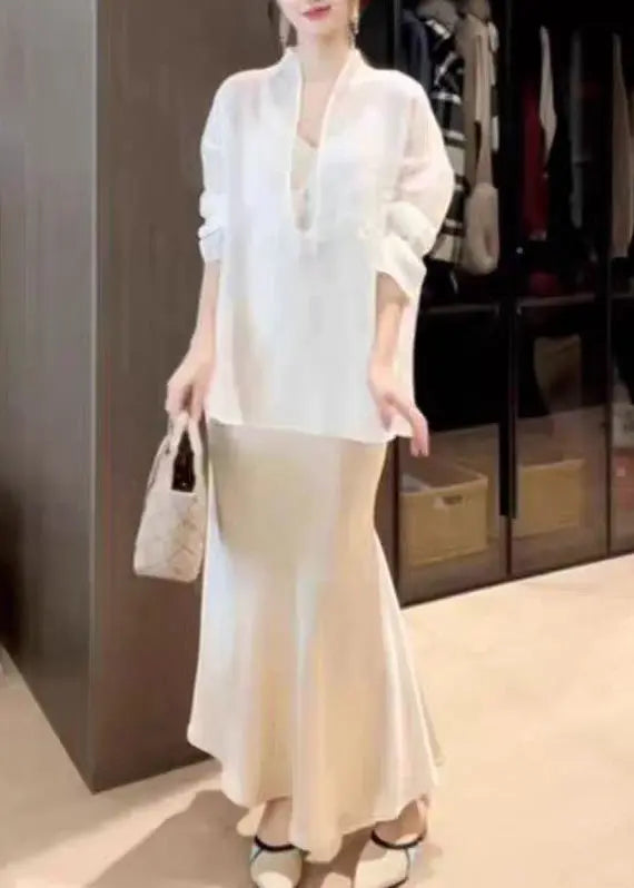 Chic White Top And Skirts Silk Two Piece Suit Set Spring HA1002 Ada Fashion