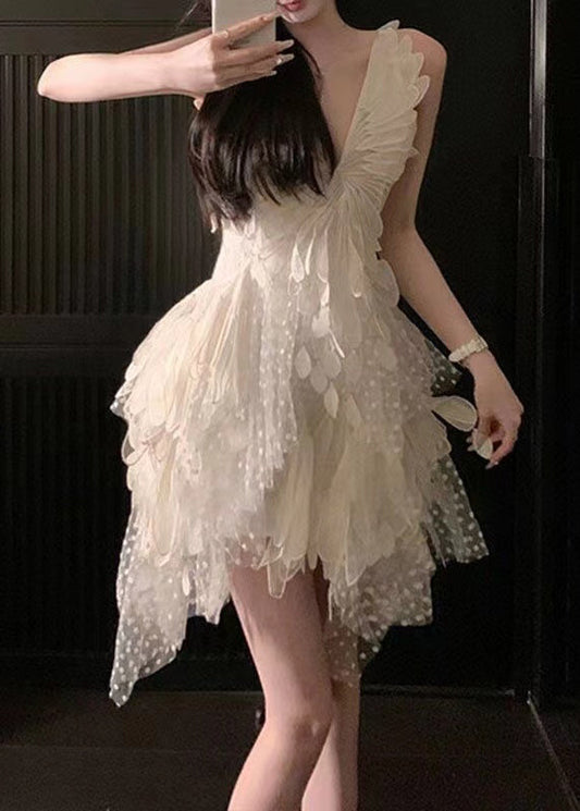 Chic White V Neck Asymmetrical Tulle Mid Dress Sleeveless ZL058