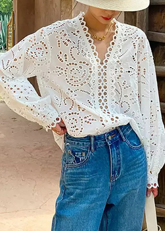 Aushöhlen Besticktes Sommer V-Shirt Schicker weißer Hals