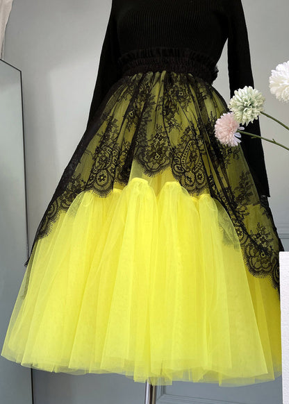 Chic Yellow Lace Elastic Waist Patchwork Tulle Skirts Summer Ada Fashion