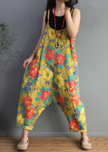 Chic Yellow Print High Waist Cotton Jumpsuit Sleeveless MN071