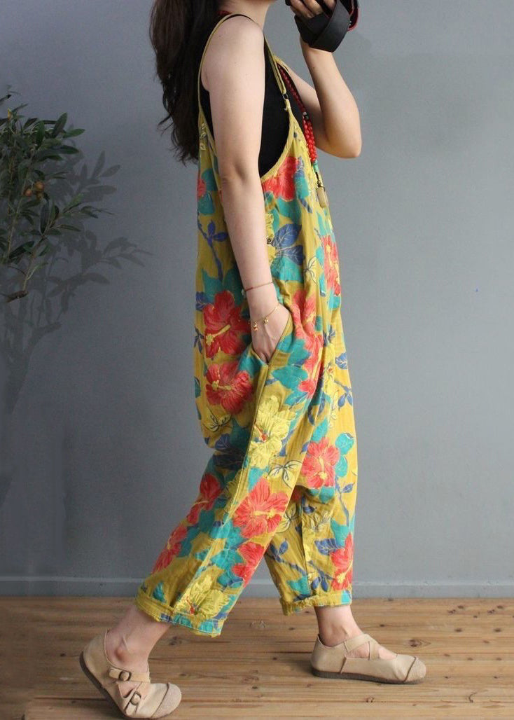 Chic Yellow Print High Waist Cotton Jumpsuit Sleeveless MN071