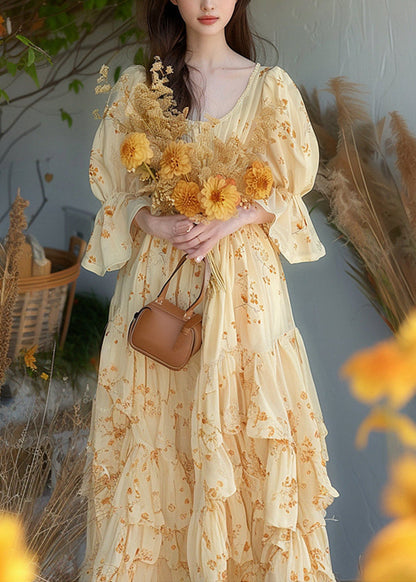 Chic Yellow Ruffled Print Chiffon Dress Flare Sleeve KJ013