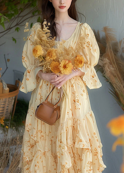 Chic Yellow Ruffled Print Chiffon Dress Flare Sleeve KJ013