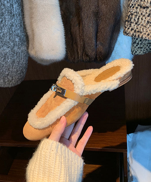 Chic Yellow Slippers Shoes Splicing Fuzzy Wool Lined RX011