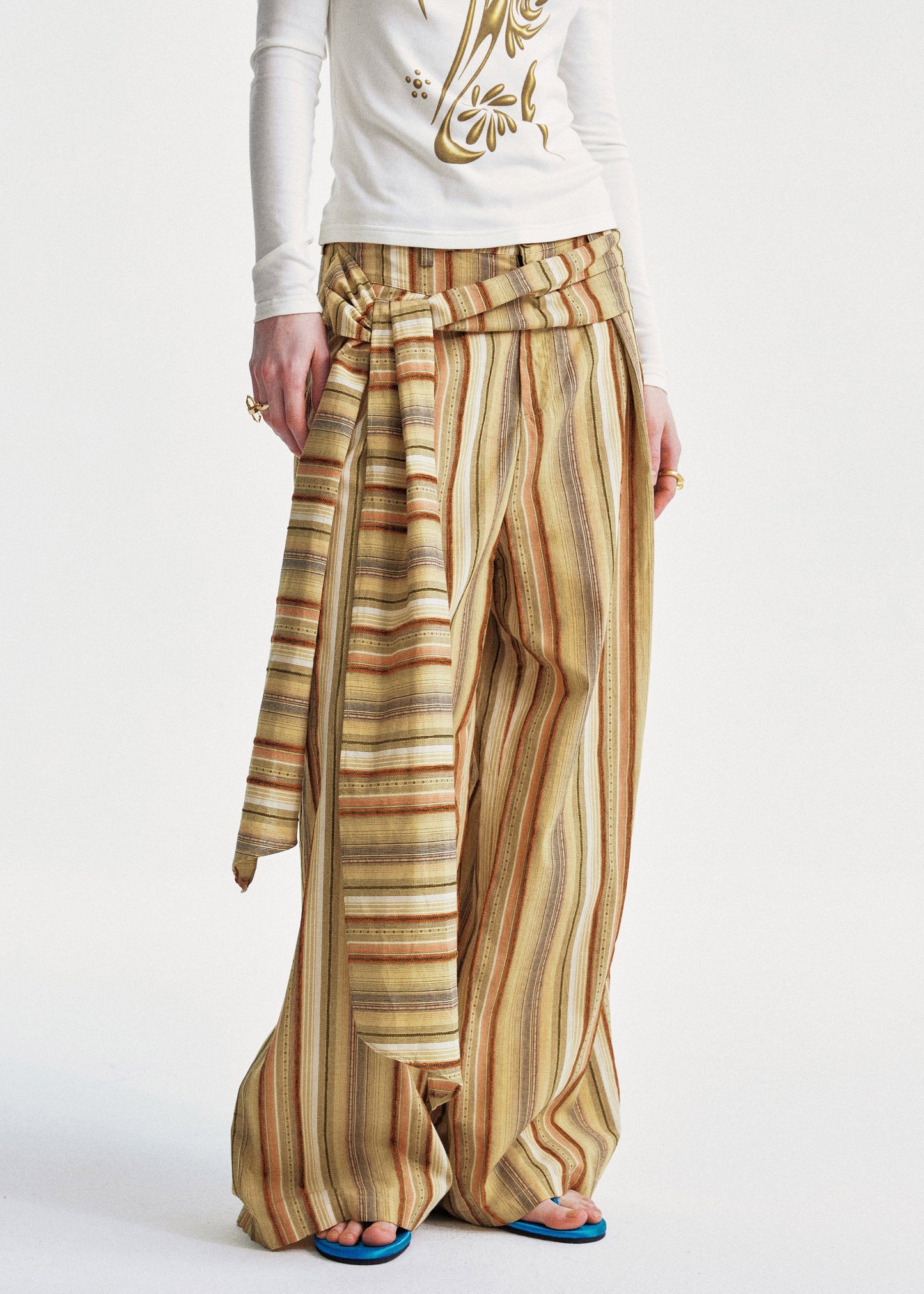 Yellow Cotton Summer Striped Pants Chic Leg Wide