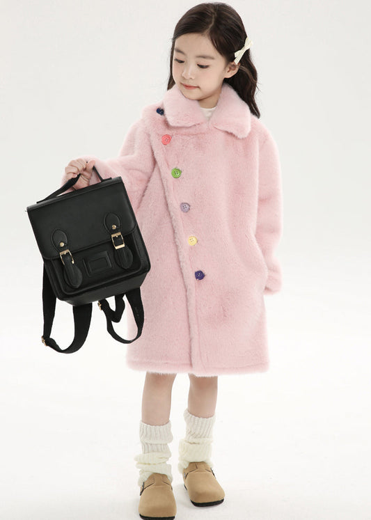 Chice Pink Asymmetrical Peter Pan Collar Kids Mink Velvet Long Woolen Coats Winter WL016