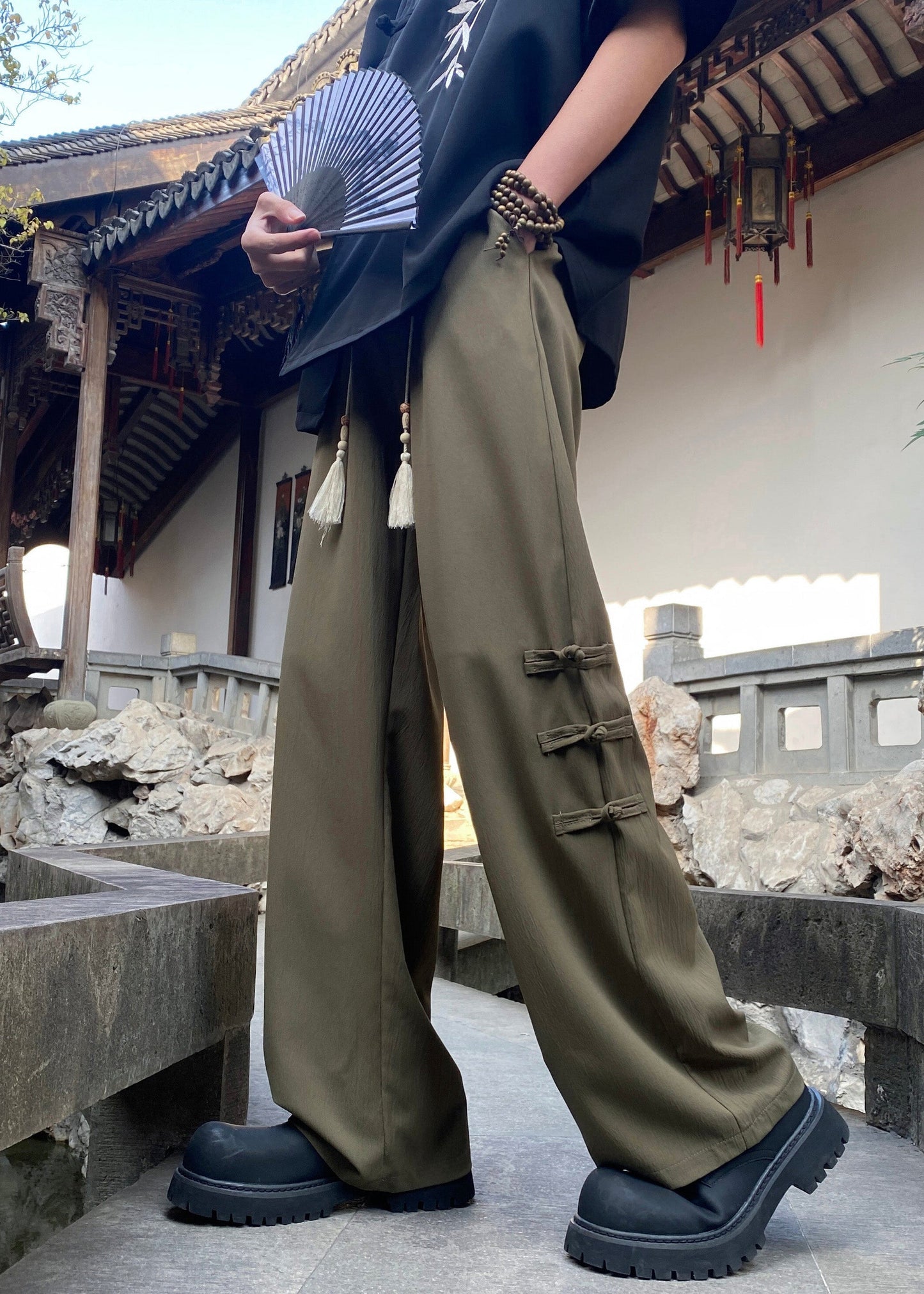 Silk Chinese Pants Waist Button Style Elastic Ice Apricot Men