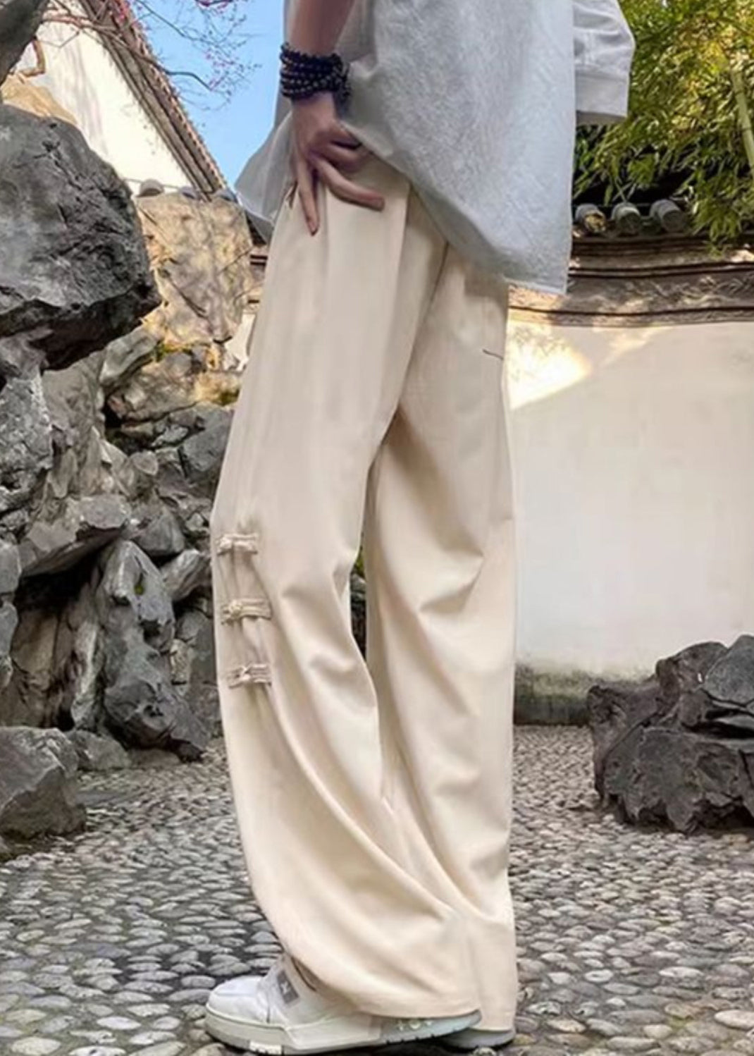 Silk Chinese Pants Waist Button Style Elastic Ice Apricot Men