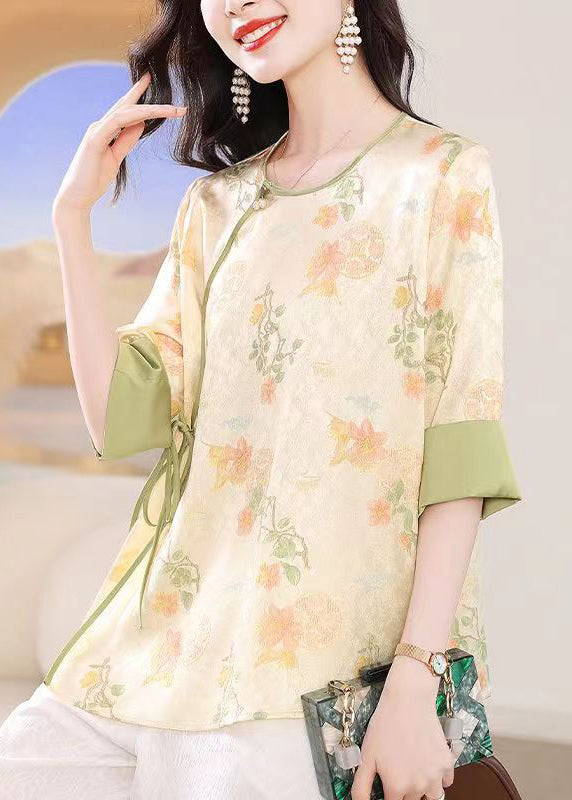 Aprikosenfarbenes Jacquard-Seidentop mit Rundhalsausschnitt und Schnürung im chinesischen Stil, Sommer BB027