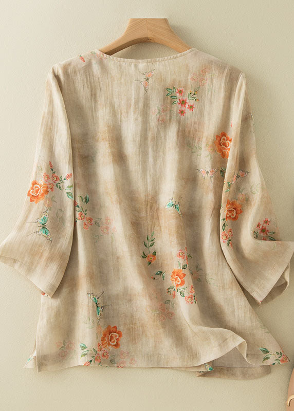 Grace Style Apricot O-Neck Print Oriental Button Side Open Linen Shirt Top Bracelet Sleeve TP049