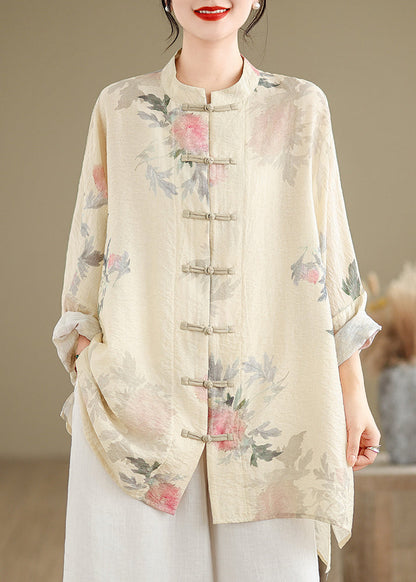 Chinese Style Apricot Stand Collar Print Button Shirts Fall UU025