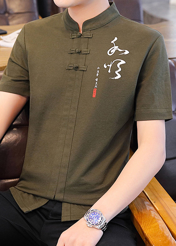 Green Mens Army Shirt Collar Cotton Chinese Stand T Style Print
