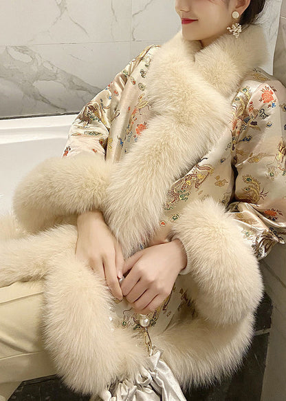 Chinese Style Beige Fox Collar Print Nail Bead Leather And Fur Coats Winter TY021