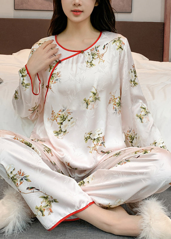 Ensemble deux pièces en soie glacée à imprimé patchwork beige à col rond de style chinois et manches longues XS1014