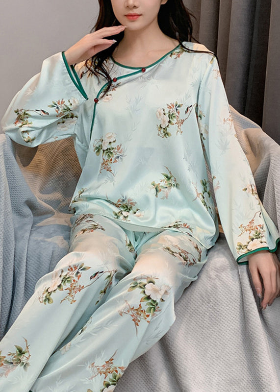 Ensemble deux pièces en soie glacée à imprimé patchwork beige à col rond de style chinois et manches longues XS1014
