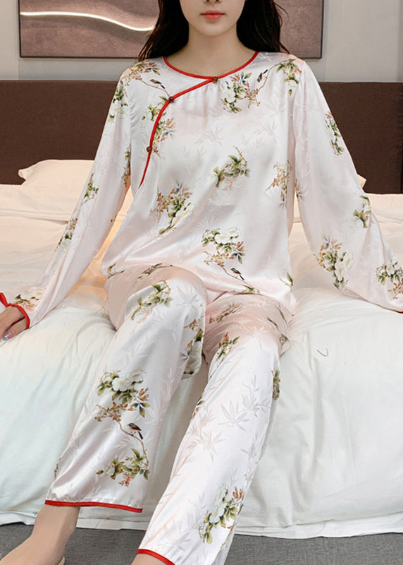 Ensemble deux pièces en soie glacée à imprimé patchwork beige à col rond de style chinois et manches longues XS1014
