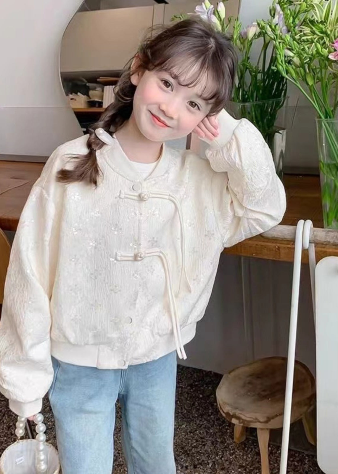 Chinese Style Beige O-Neck Sequins Button Kids Coats Fall QV038