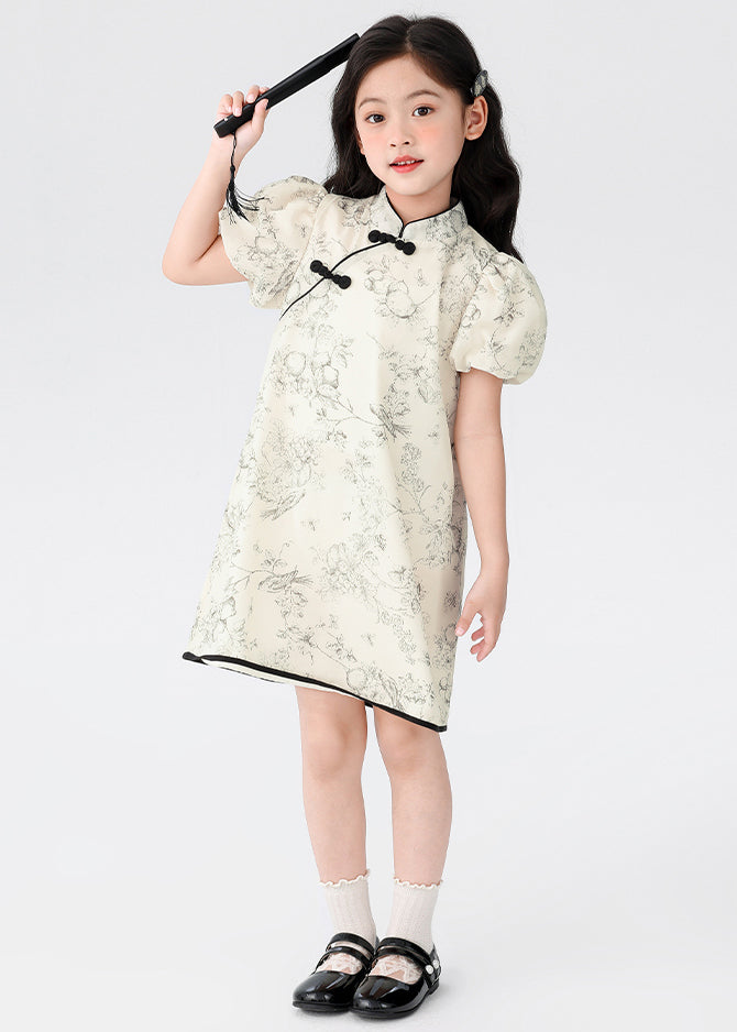 Robe mi-longue à manches courtes et col montant beige style chinois pour enfants, avec boutons imprimés, MN024