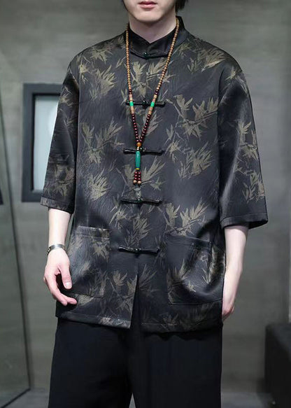 Chinese Style Black Button Pockets Ice Silk Men Shirt Summer YT090